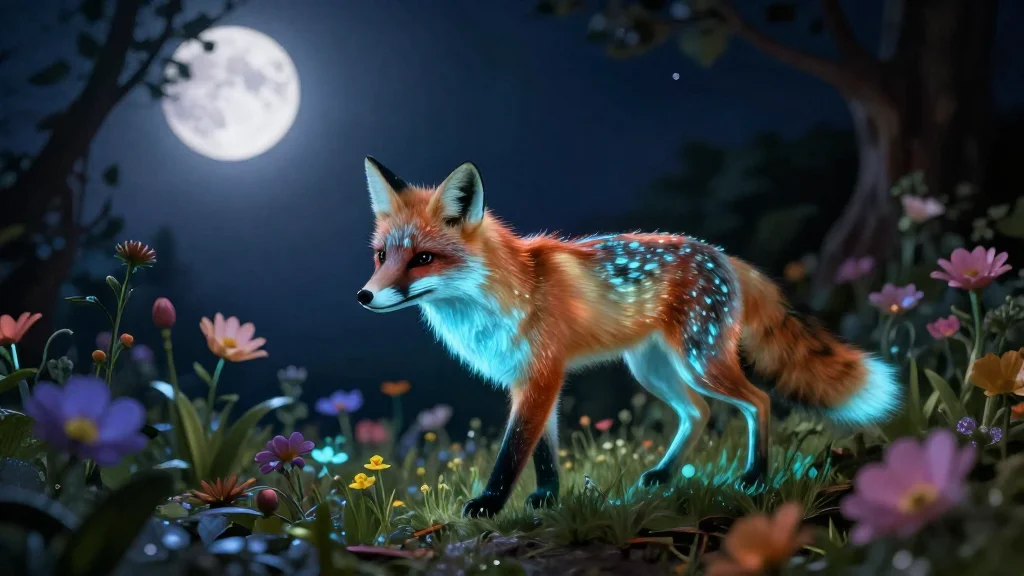 A bioluminescent fox moving through a moonlit flower garden peace