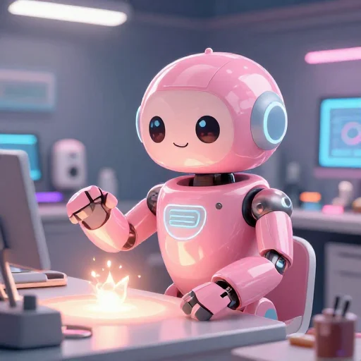 A cheerful pink maintenance robot tending a glowing AI art studio, soft cinematic light, polished illustration, production marker cutedslcanary1787275846508b6c