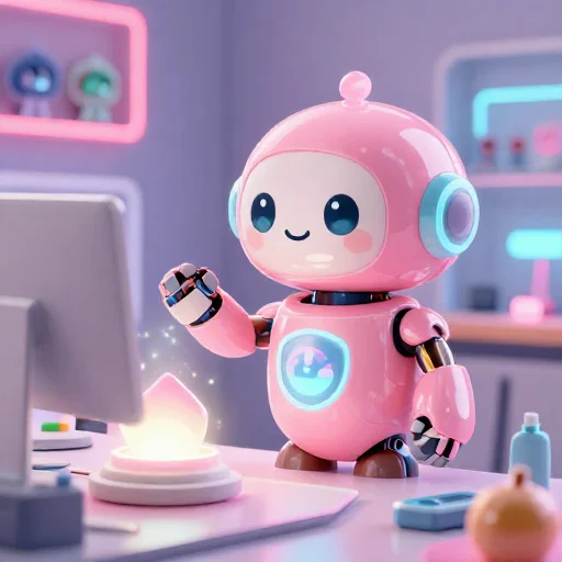 A cheerful pink maintenance robot tending a glowing AI art studio, soft cinematic light, polished illustration, production marker cutedslcanary1787723612a378ed
