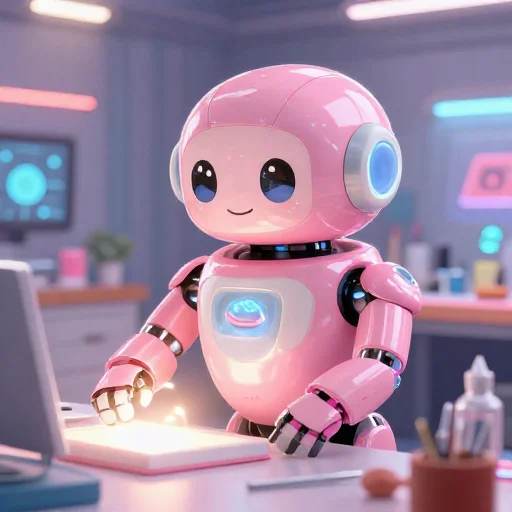 A cheerful pink maintenance robot tending a glowing AI art studio, soft cinematic light, polished illustration, production marker cutedslcanary1788749181dbb224