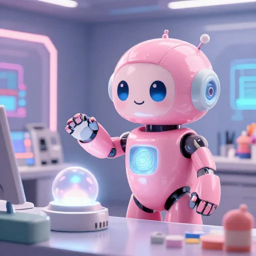 A cheerful pink maintenance robot tending a glowing AI art studio, soft cinematic light, polished illustration, production marker cutedslcanary1791593131b334c2