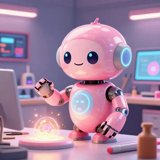 A cheerful pink maintenance robot tending a glowing AI art studio, soft cinematic light, polished illustration, production marker cutedslcanary1786948602755e9a