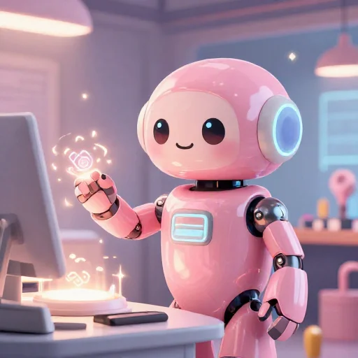 A cheerful pink maintenance robot tending a glowing AI art studio, soft cinematic light, polished illustration, production marker cutedslcanary1786971316ae4e2f