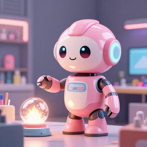 A cheerful pink maintenance robot tending a glowing AI art studio, soft cinematic light, polished illustration, production marker cutedslcanary1789752841fdf700