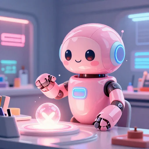 A cheerful pink maintenance robot tending a glowing AI art studio, soft cinematic light, polished illustration, production marker cutedslcanary1789946935fe719b