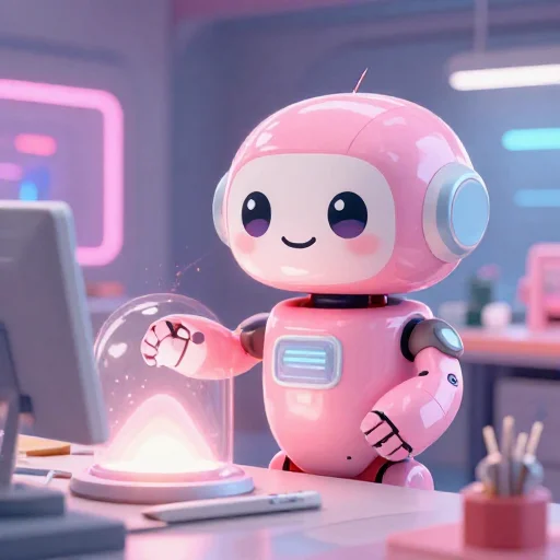 A cheerful pink maintenance robot tending a glowing AI art studio, soft cinematic light, polished illustration, production marker cutedslcanary1791024656e0d16c