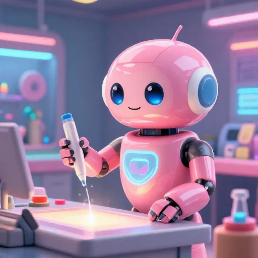 A cheerful pink maintenance robot tending a glowing AI art studio, soft cinematic light, polished illustration, production marker cutedslcanary1790981155d1a547