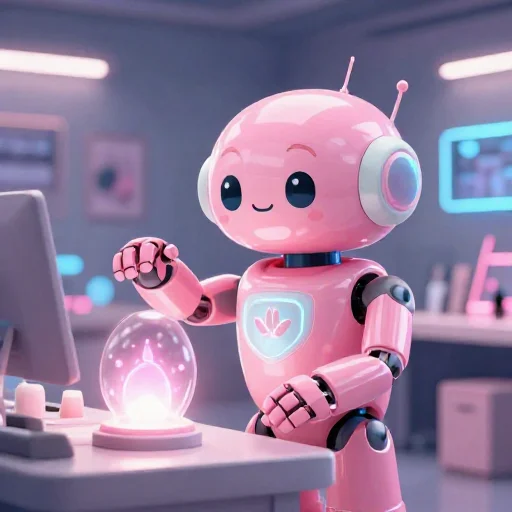 A cheerful pink maintenance robot tending a glowing AI art studio, soft cinematic light, polished illustration, production marker cutedslcanary17880504586a9c16