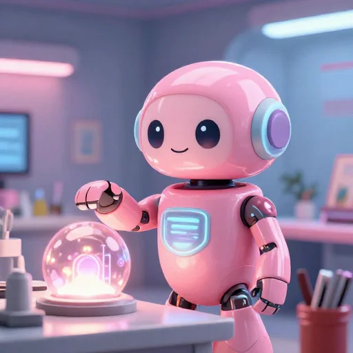 A cheerful pink maintenance robot tending a glowing AI art studio, soft cinematic light, polished illustration, production marker cutedslcanary178846453288d5c8