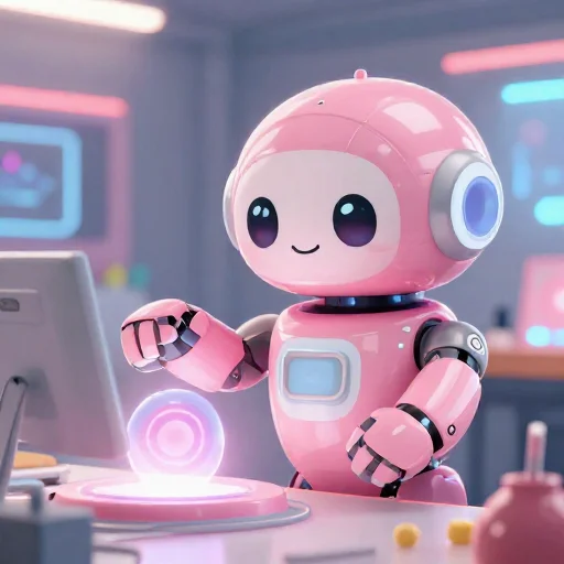A cheerful pink maintenance robot tending a glowing AI art studio, soft cinematic light, polished illustration, production marker cutedslcanary17915712424d24ba