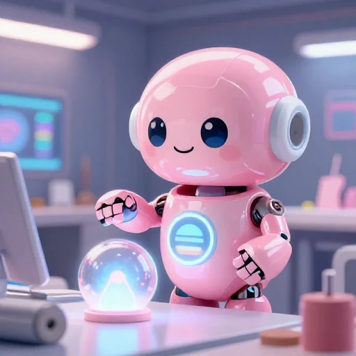 A cheerful pink maintenance robot tending a glowing AI art studio, soft cinematic light, polished illustration, production marker cutedslcanary179200685171d8a1