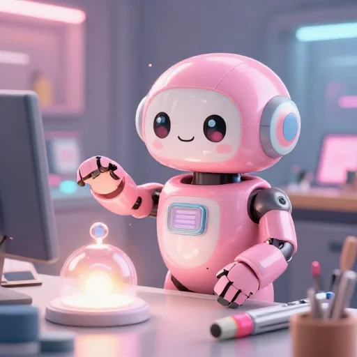 A cheerful pink maintenance robot tending a glowing AI art studio, soft cinematic light, polished illustration, production marker cutedslcanary17894039546c9e18