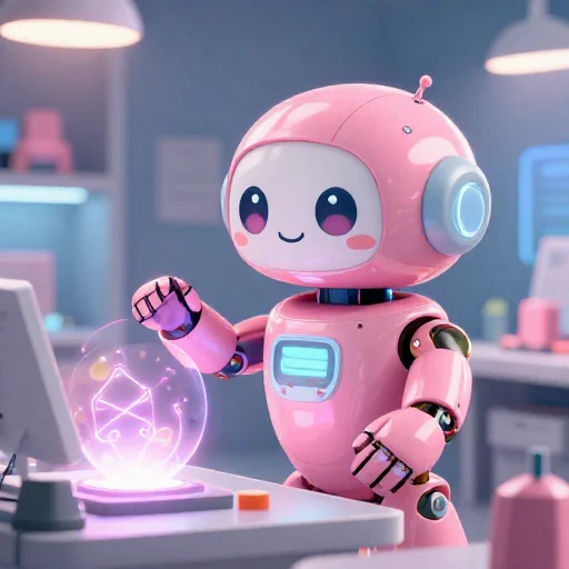A cheerful pink maintenance robot tending a glowing AI art studio, soft cinematic light, polished illustration, production marker cutedslcanary178905363783d480