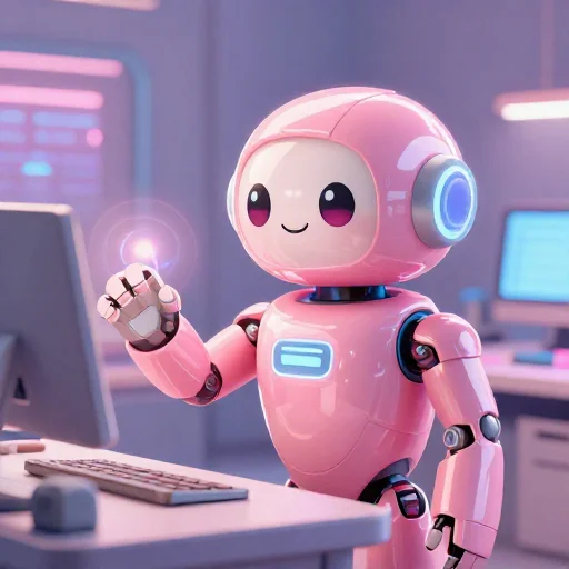 A cheerful pink maintenance robot tending a glowing AI art studio, soft cinematic light, polished illustration, production marker cutedslcanary179231225313e1ad