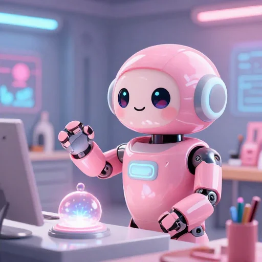 A cheerful pink maintenance robot tending a glowing AI art studio, soft cinematic light, polished illustration, production marker cutedslcanary1787767175394eef