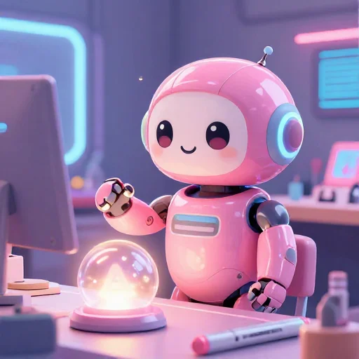 A cheerful pink maintenance robot tending a glowing AI art studio, soft cinematic light, polished illustration, production marker cutedslcanary17894694035a69e5