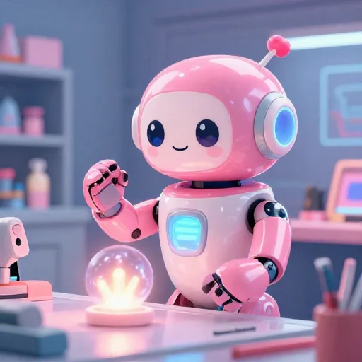 A cheerful pink maintenance robot tending a glowing AI art studio, soft cinematic light, polished illustration, production marker cutedslcanary179011630293be9d