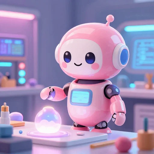 A cheerful pink maintenance robot tending a glowing AI art studio, soft cinematic light, polished illustration, production marker cutedslcanary1791221183c15c0d
