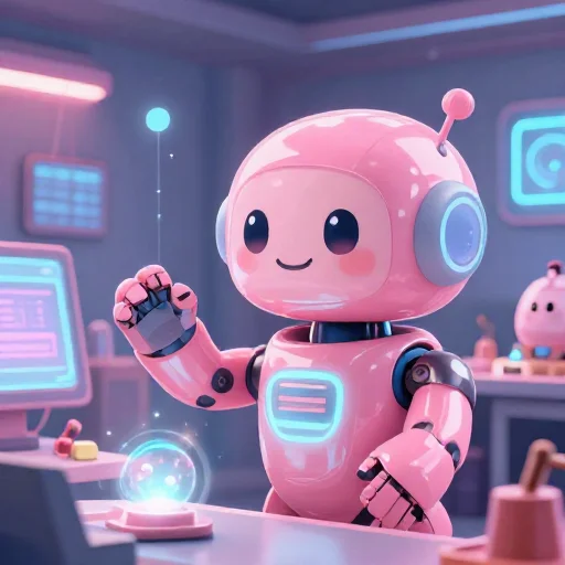 A cheerful pink maintenance robot tending a glowing AI art studio, soft cinematic light, polished illustration, production marker cutedslcanary178824678870128f