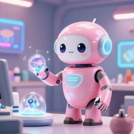 A cheerful pink maintenance robot tending a glowing AI art studio, soft cinematic light, polished illustration, production marker cutedslcanary17890317090bf305