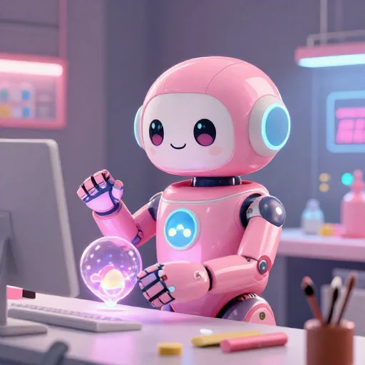 A cheerful pink maintenance robot tending a glowing AI art studio, soft cinematic light, polished illustration, production marker cutedslfinal1788661876