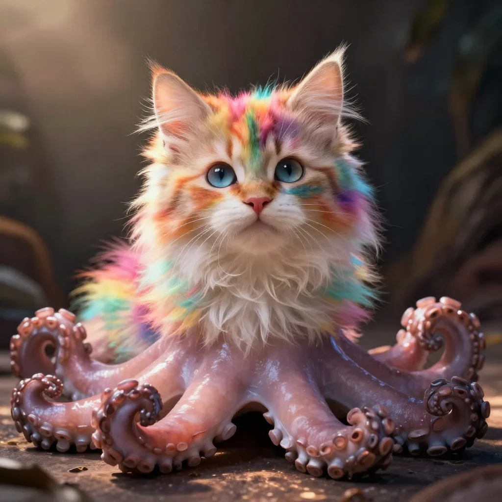 cute fluffy kitten with rainbow fur and fluffy octopus legs, cinematic lighting, portrait, digital art,

Created with https://cutedsl.cc/gallery
