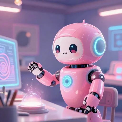 A cheerful pink maintenance robot tending a glowing AI art studio, soft cinematic light, polished illustration, production marker cutedslcanary1788115654d96c05