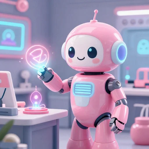 A cheerful pink maintenance robot tending a glowing AI art studio, soft cinematic light, polished illustration, production marker cutedslcanary1788988304de6818