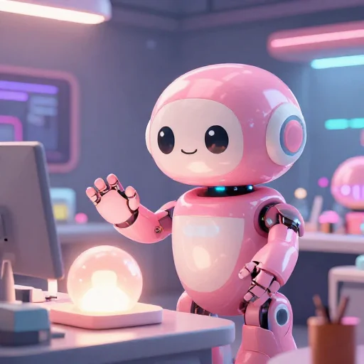 A cheerful pink maintenance robot tending a glowing AI art studio, soft cinematic light, polished illustration, production marker cutedslcanary178985990023d75f