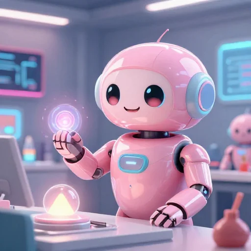 A cheerful pink maintenance robot tending a glowing AI art studio, soft cinematic light, polished illustration, production marker cutedslcanary17905442717568dc