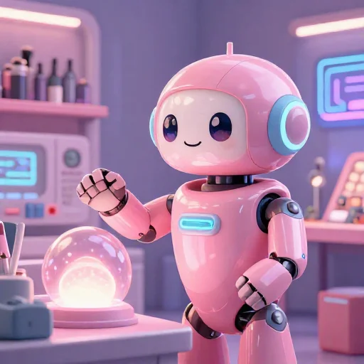 A cheerful pink maintenance robot tending a glowing AI art studio, soft cinematic light, polished illustration, production marker cutedslcanary1789162650c89044