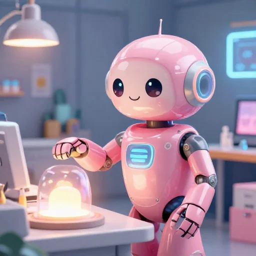 A cheerful pink maintenance robot tending a glowing AI art studio, soft cinematic light, polished illustration, production marker cutedslcanary1787101786dad136