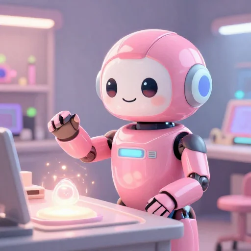 A cheerful pink maintenance robot tending a glowing AI art studio, soft cinematic light, polished illustration, production marker cutedslcanary17891192653f8073