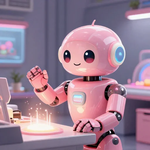 A cheerful pink maintenance robot tending a glowing AI art studio, soft cinematic light, polished illustration, production marker cutedslcanary1788814261853c42