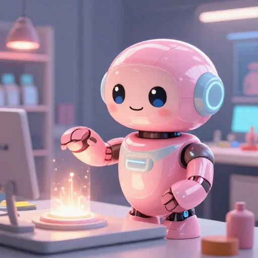 A cheerful pink maintenance robot tending a glowing AI art studio, soft cinematic light, polished illustration, production marker cutedslcanary179224685048cf77