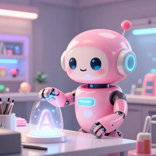 A cheerful pink maintenance robot tending a glowing AI art studio, soft cinematic light, polished illustration, production marker cutedslcanary1788879457925075