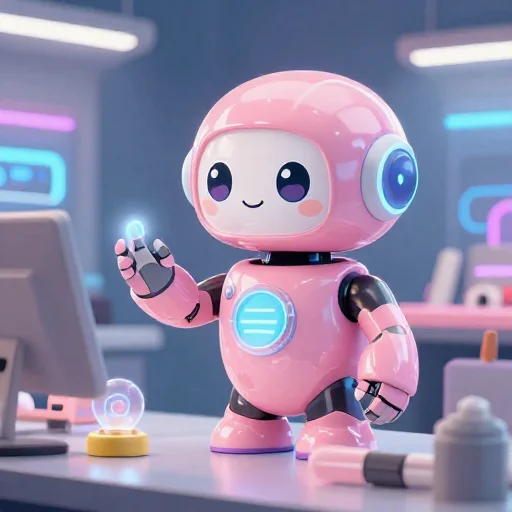 A cheerful pink maintenance robot tending a glowing AI art studio, soft cinematic light, polished illustration, production marker cutedslcanary1787188783f3a41d