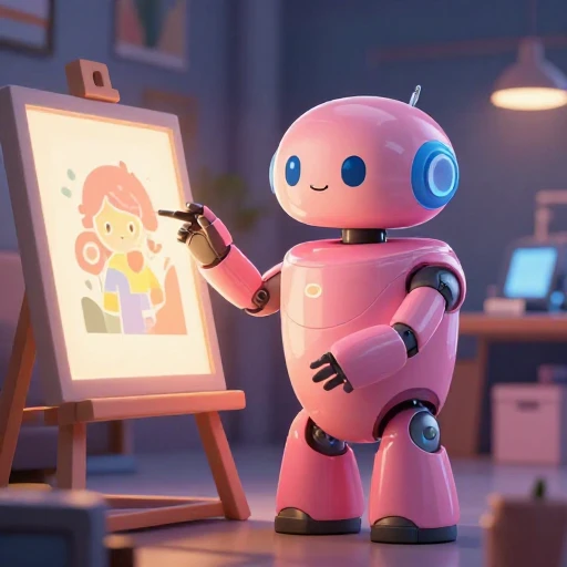A cheerful pink maintenance robot tending a glowing AI art studio, soft cinematic light, polished illustration, production marker cutedslcanary178592452857be93