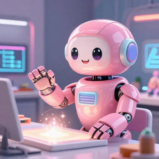 A cheerful pink maintenance robot tending a glowing AI art studio, soft cinematic light, polished illustration, production marker cutedslcanary178962155379dcf2
