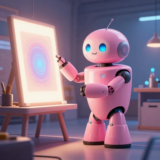 A cheerful pink maintenance robot tending a glowing AI art studio, soft cinematic light, polished illustration, production marker cutedslcanary1786160033cd84da