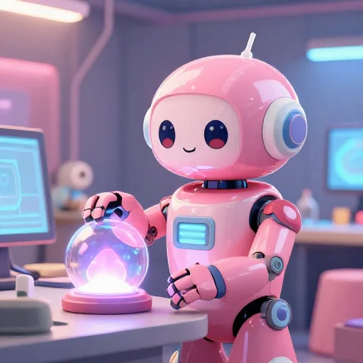 A cheerful pink maintenance robot tending a glowing AI art studio, soft cinematic light, polished illustration, production marker cutedslcanary178628811449fa9f