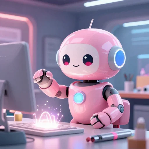 A cheerful pink maintenance robot tending a glowing AI art studio, soft cinematic light, polished illustration, production marker cutedslcanary17863751511c7891