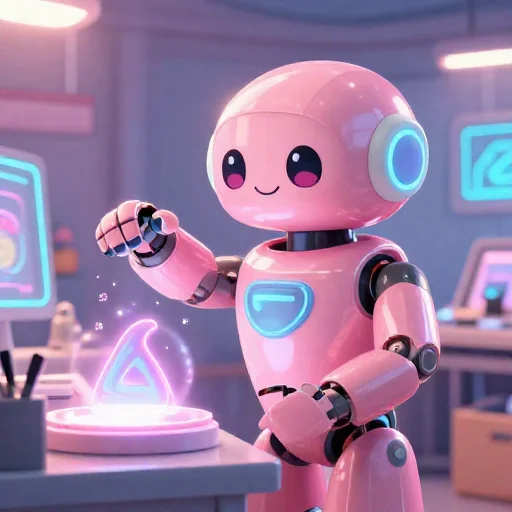 A cheerful pink maintenance robot tending a glowing AI art studio, soft cinematic light, polished illustration, production marker cutedslcanary1786564579a69ee8