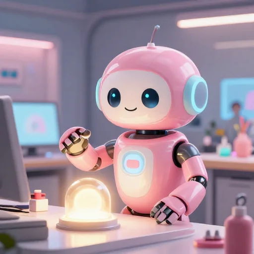 A cheerful pink maintenance robot tending a glowing AI art studio, soft cinematic light, polished illustration, production marker cutedslcanary1791898538582fcf