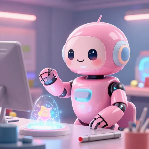 A cheerful pink maintenance robot tending a glowing AI art studio, soft cinematic light, polished illustration, production marker cutedslcanary1791920145a3e400