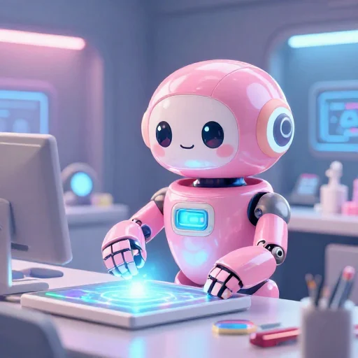 A cheerful pink maintenance robot tending a glowing AI art studio, soft cinematic light, polished illustration, production marker cutedslcanary1791264900c08db5