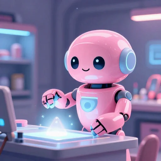 A cheerful pink maintenance robot tending a glowing AI art studio, soft cinematic light, polished illustration, production marker cutedslcanary17878543645ac347