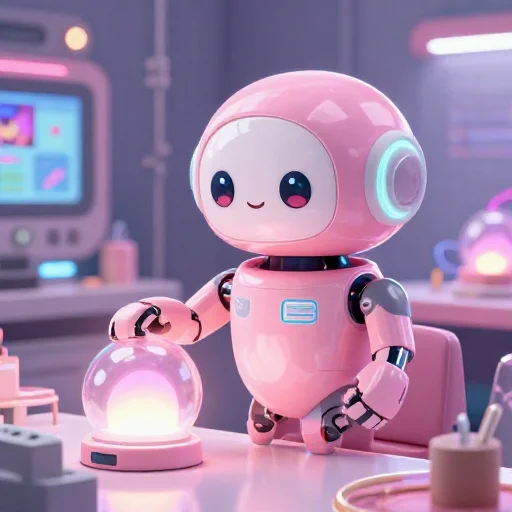 A cheerful pink maintenance robot tending a glowing AI art studio, soft cinematic light, polished illustration, production marker cutedslcanary179045635275bd65
