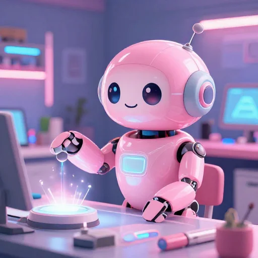 A cheerful pink maintenance robot tending a glowing AI art studio, soft cinematic light, polished illustration, production marker cutedslcanary179003390749e062