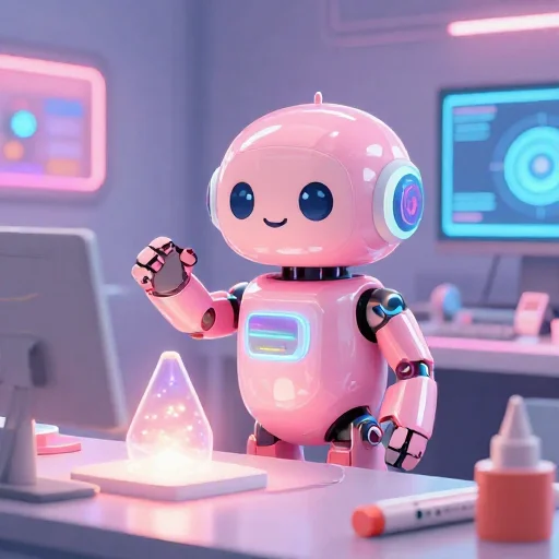 A cheerful pink maintenance robot tending a glowing AI art studio, soft cinematic light, polished illustration, production marker cutedslcanary1787635088ea25ca
